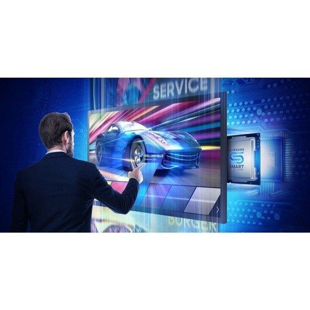 32-inch touchscreen LCD digital signage display, front view with colorful content