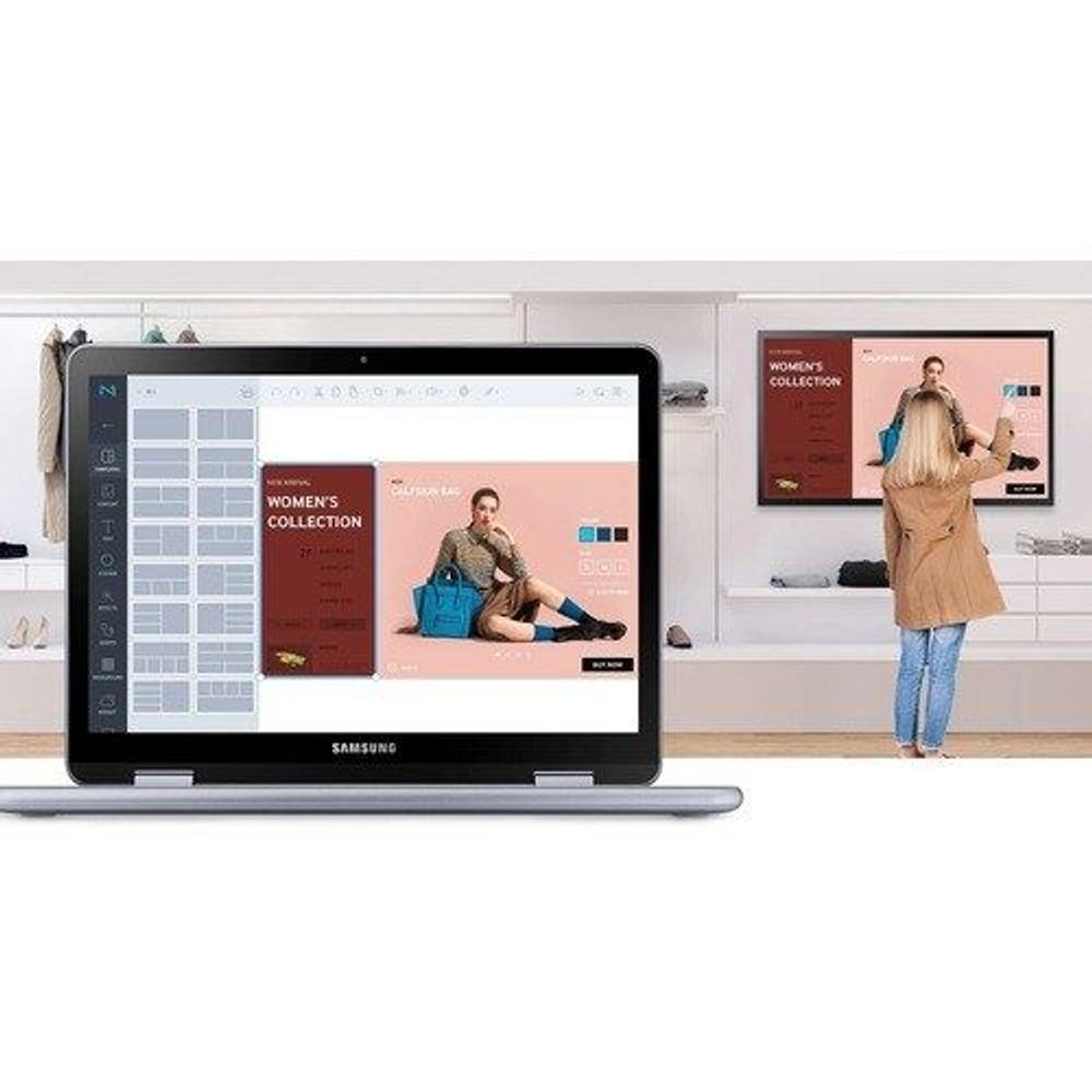 32-inch touchscreen digital signage display on a stand displaying a shopping interface