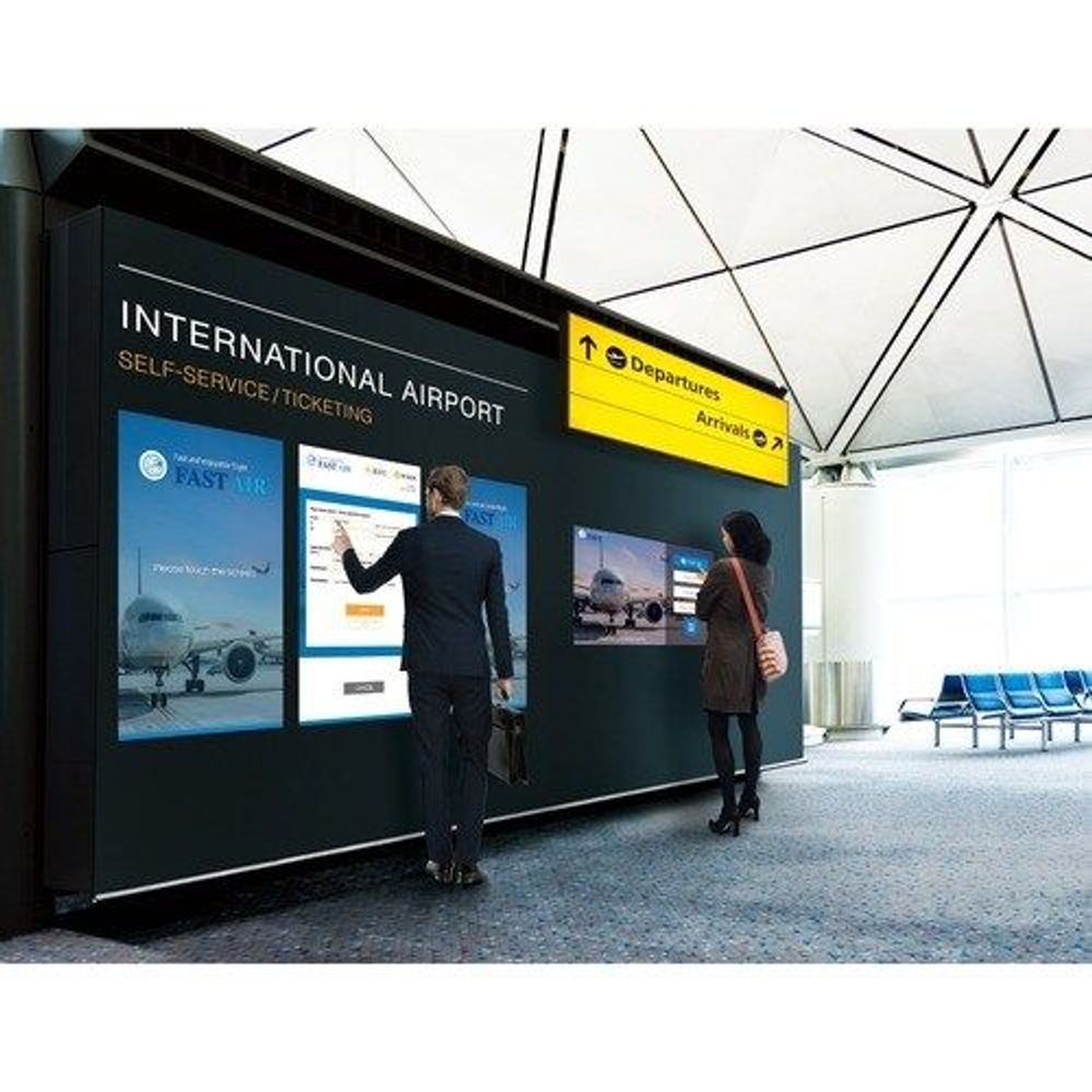 32-inch touchscreen digital signage display, wall-mounted with interactive menu screens