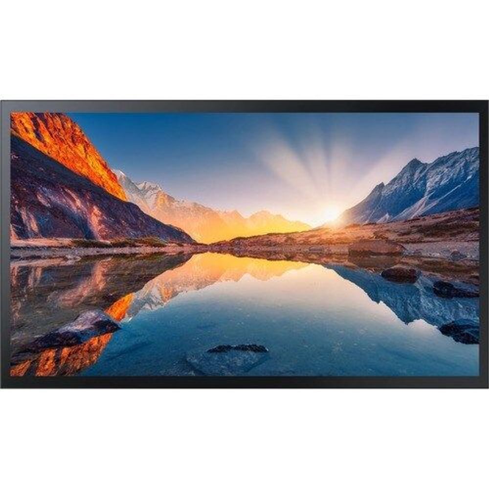 32 in Samsung touchscreen digital signage display, front view showing scenic lake reflection