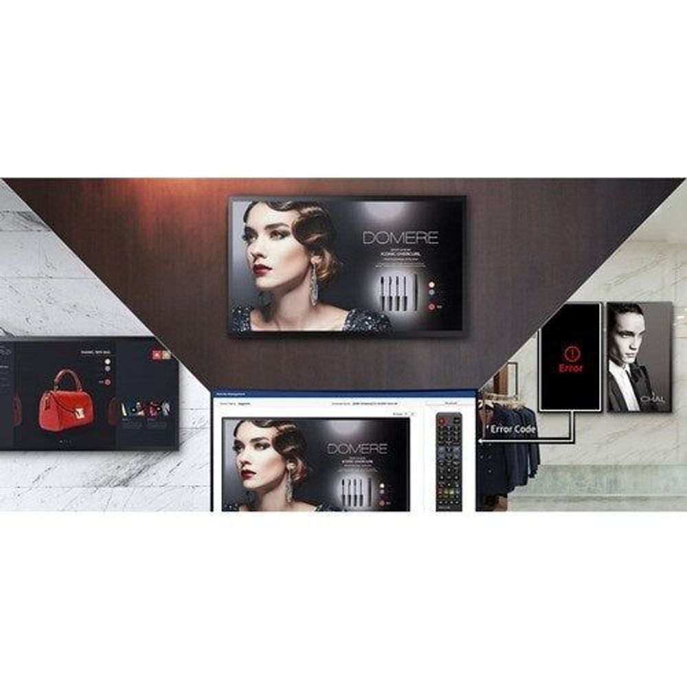 32-inch touchscreen digital signage display showing a product ad wall installation