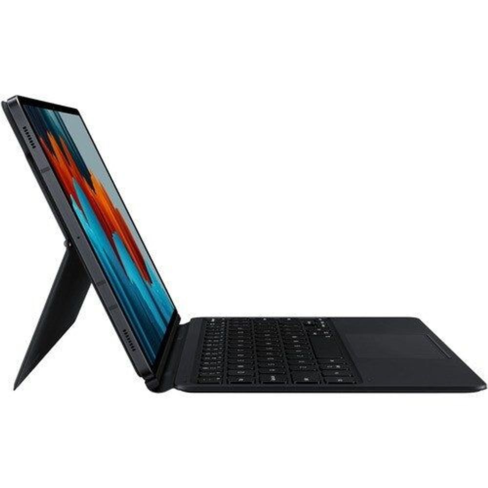 Black keyboard case with tablet screen open on kickstand