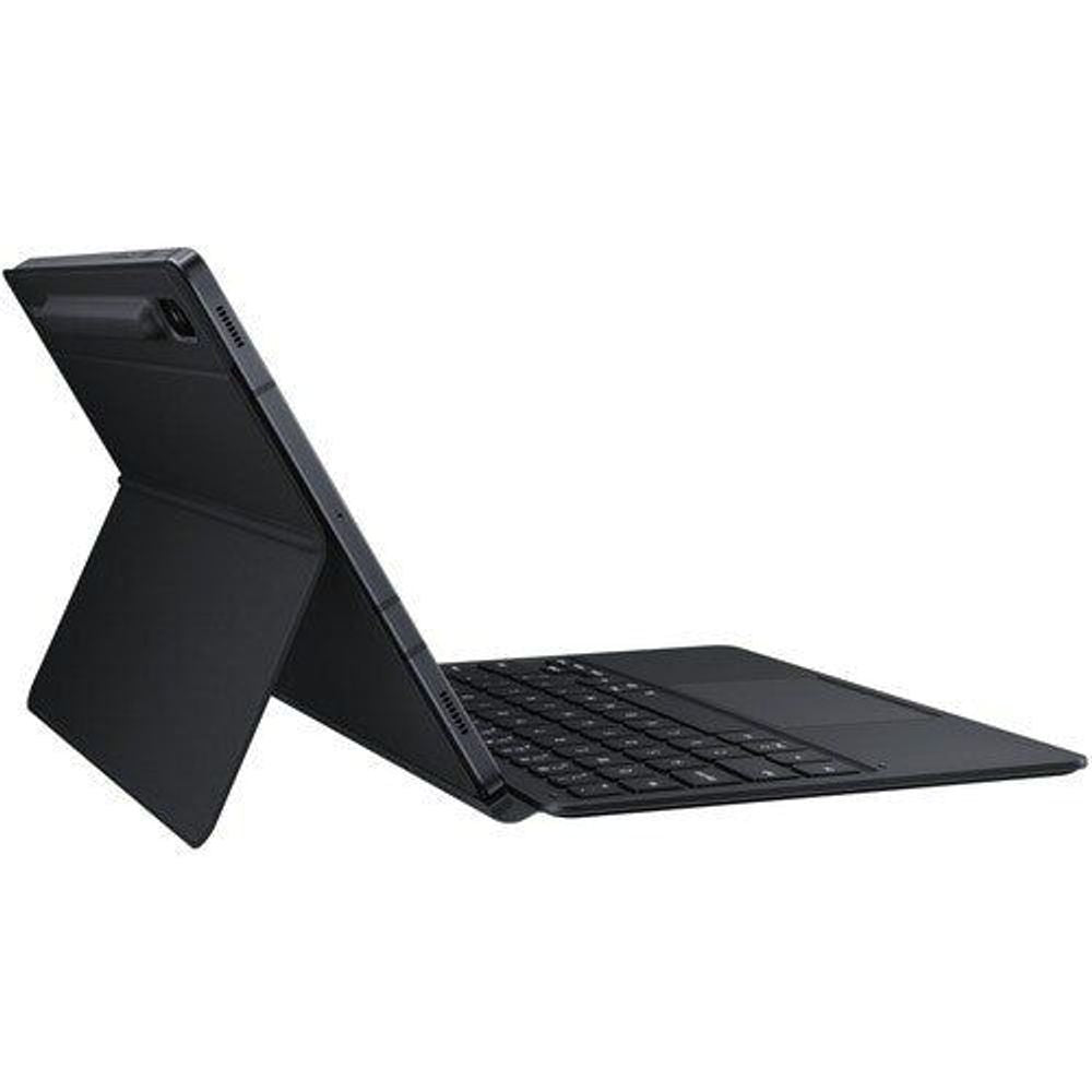 Black book-fold keyboard case in typing position with kickstand