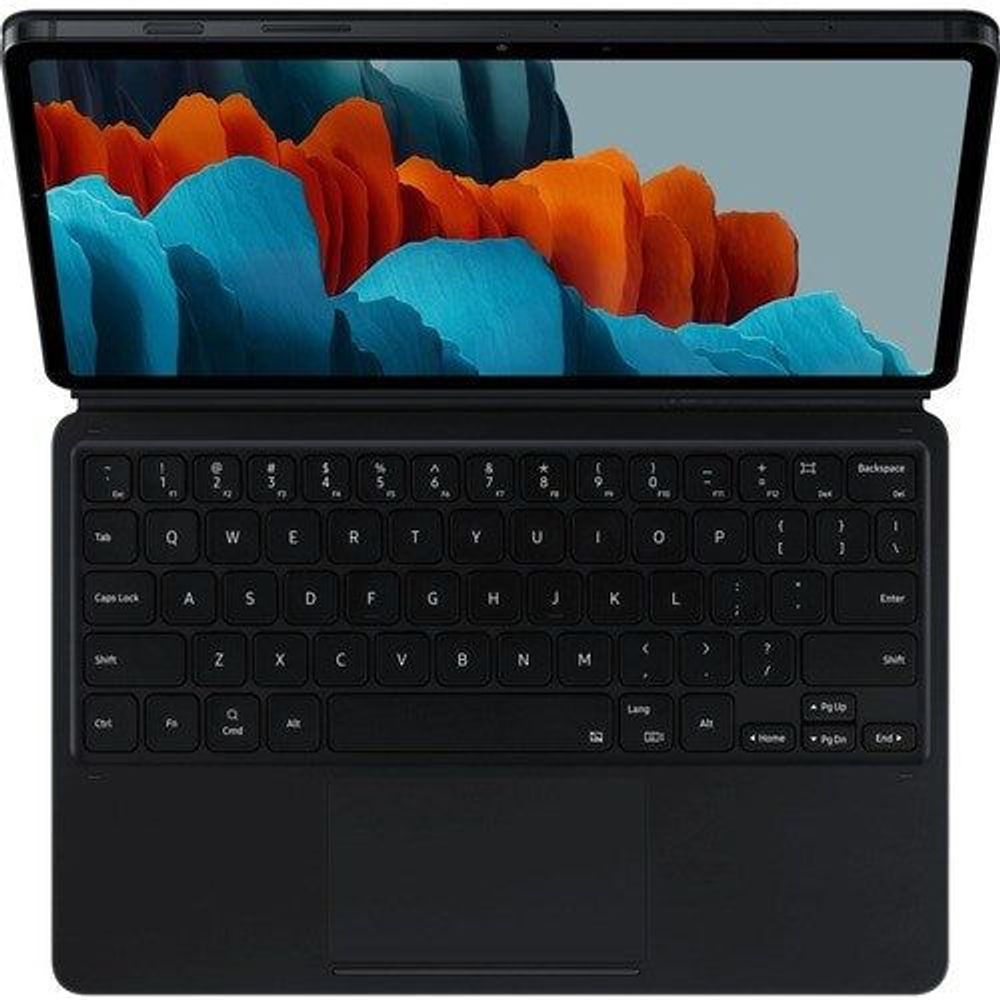 Black keyboard case with trackpad and full keyboard under tablet screen