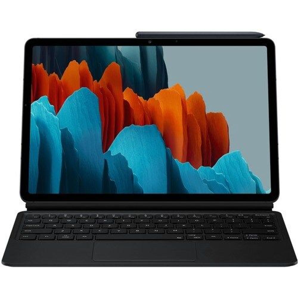 Black book-fold keyboard case with tablet screen open and keyboard base