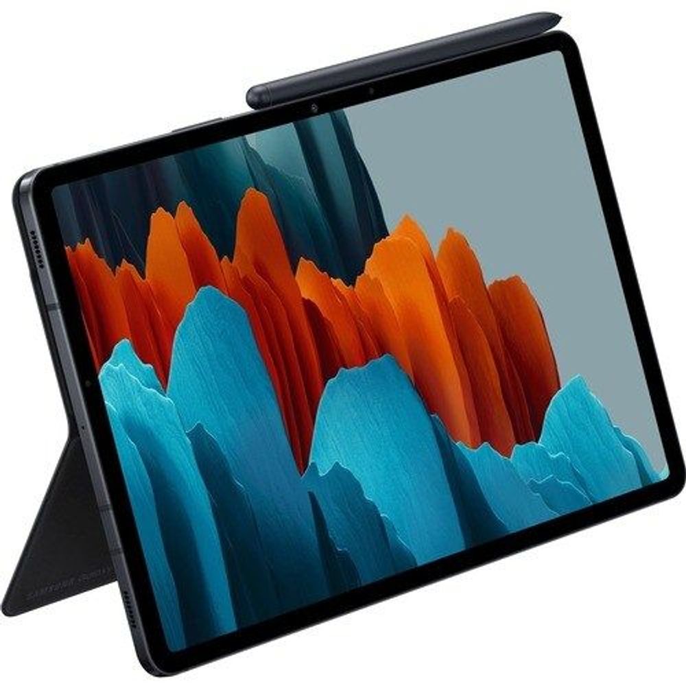 Black folio keyboard case for tablet, stand folded back with screen visible