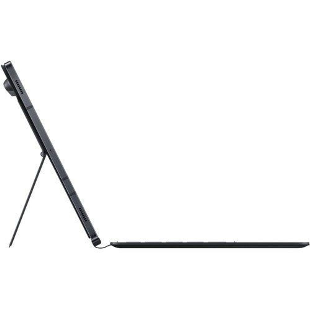 Black book cover case folded open with kickstand at edge
