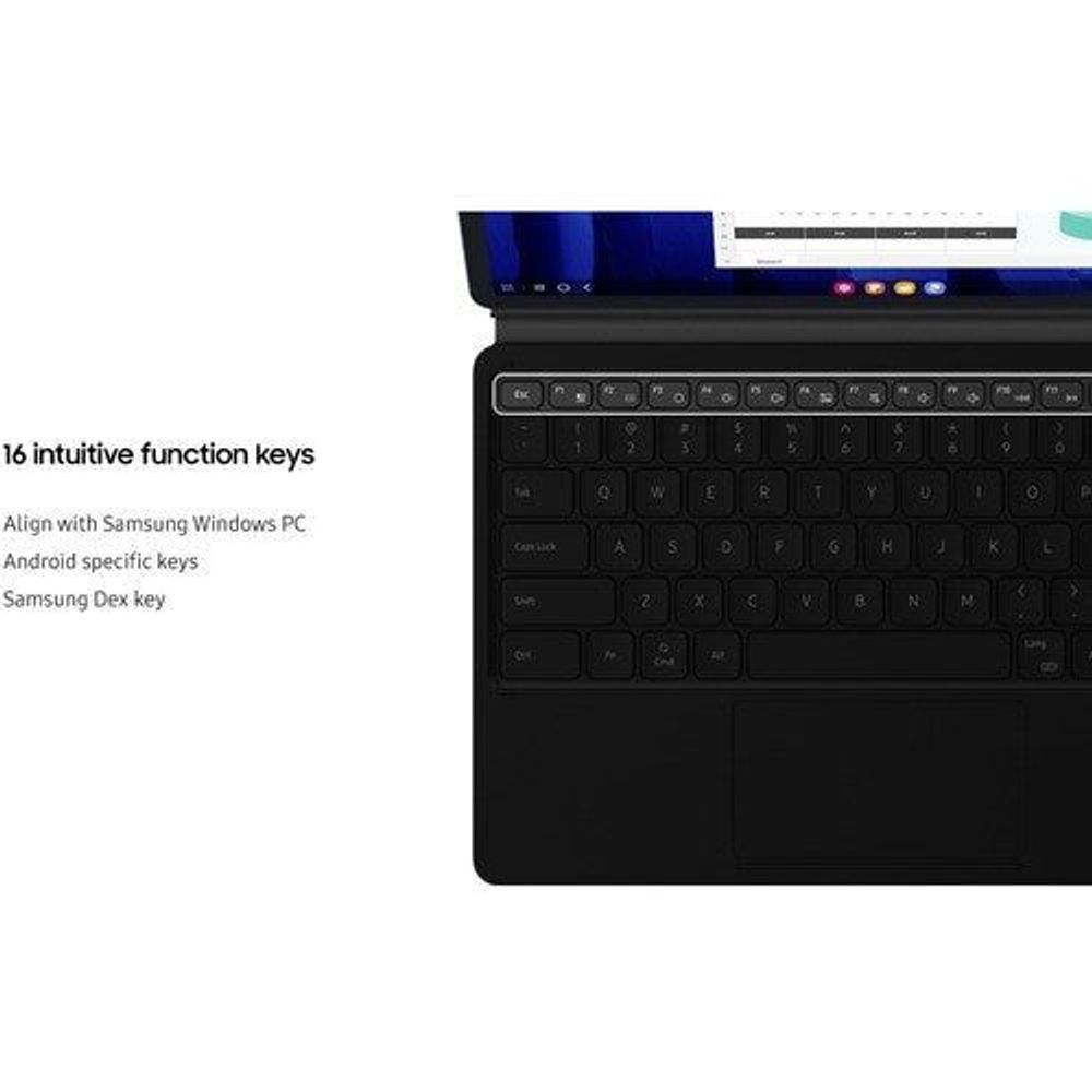 Black tablet keyboard with trackpad and labeled function keys in folio case