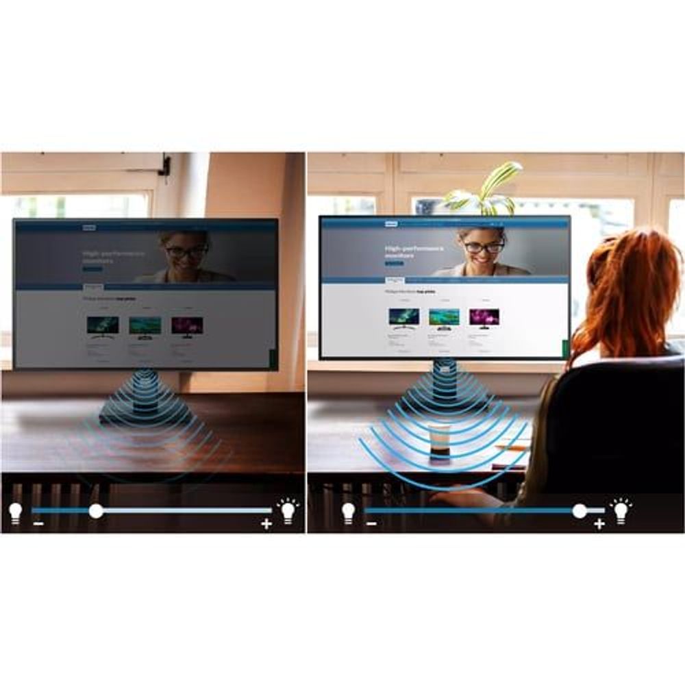WQHD webcam LCD monitor showing split-screen UI with webcam view