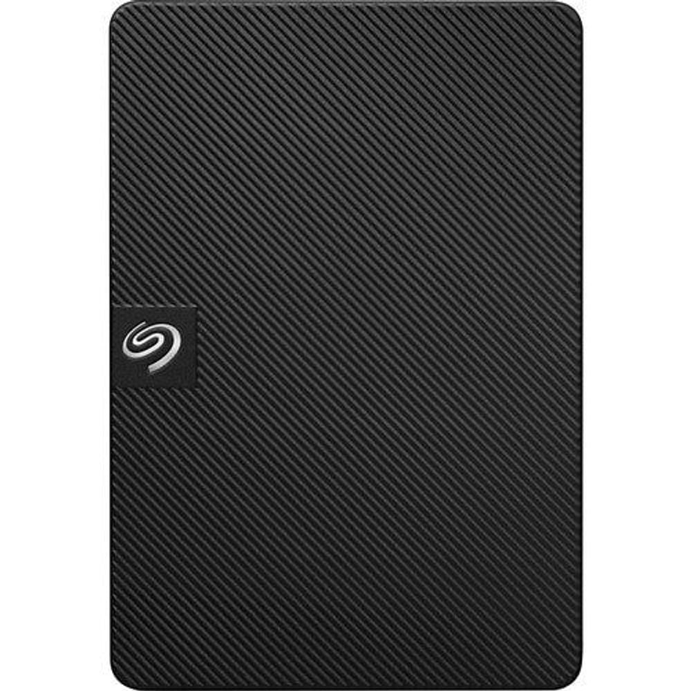 Black Seagate portable hard drive with textured back and logo