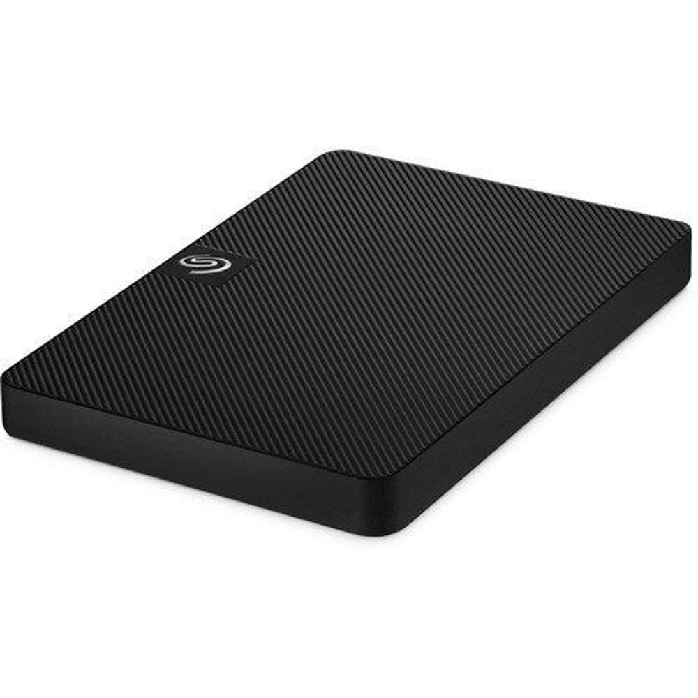Black portable hard drive angled top view with textured pattern