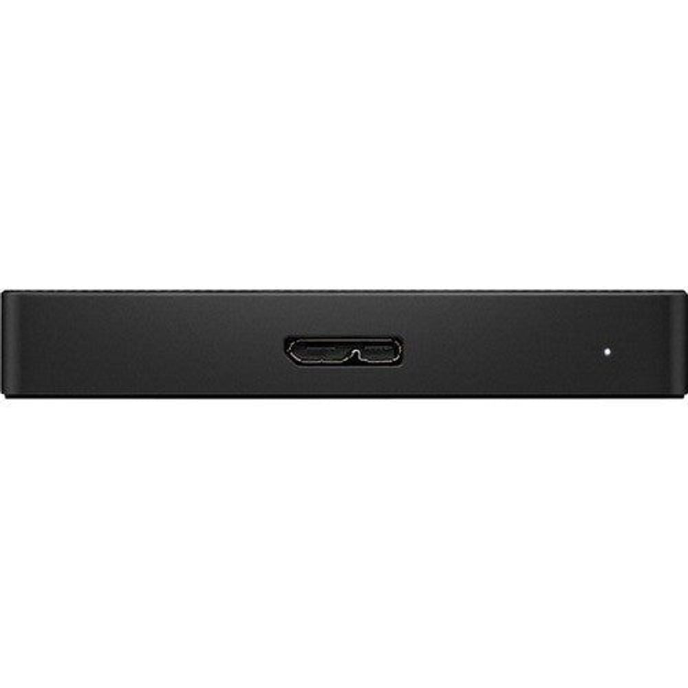 Black portable hard drive with visible USB port on the side