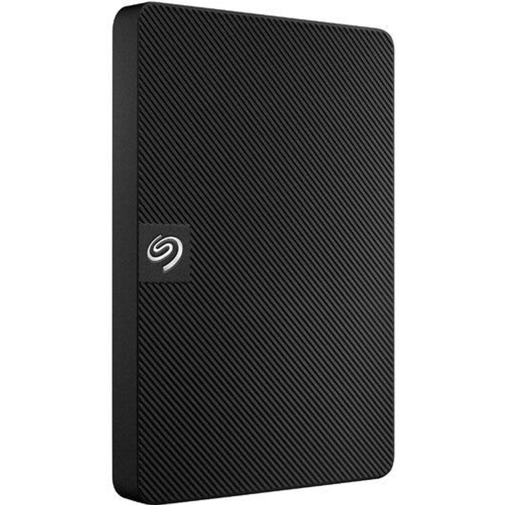 Seagate Expansion portable hard drive, black textured back, Seagate logo visible