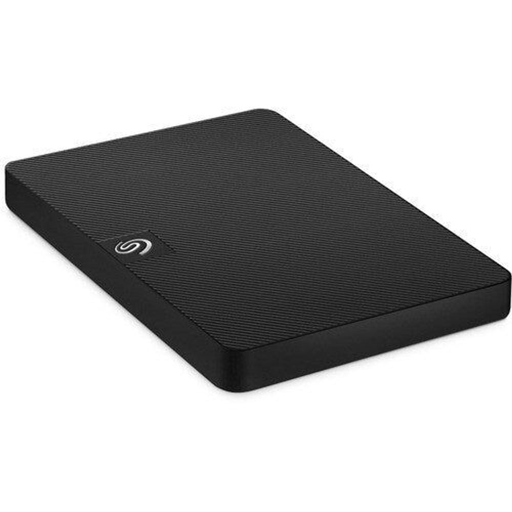 Black portable hard drive top view with textured pattern and logo
