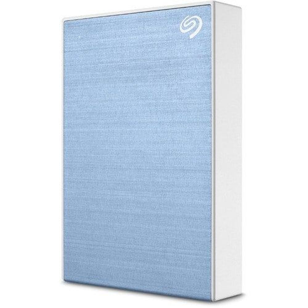 Light blue portable hard drive with white sides and small logo on the front