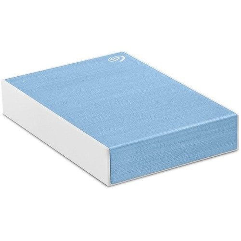 Light blue portable external hard drive with logo on top and rounded edges