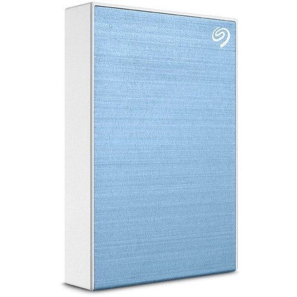 Light blue Seagate One Touch portable hard drive front view with white side panels