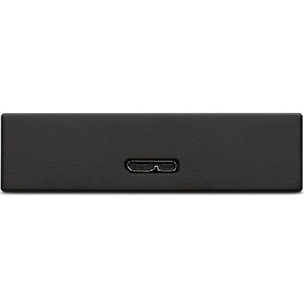 Black Seagate One Touch portable hard drive with USB port on front