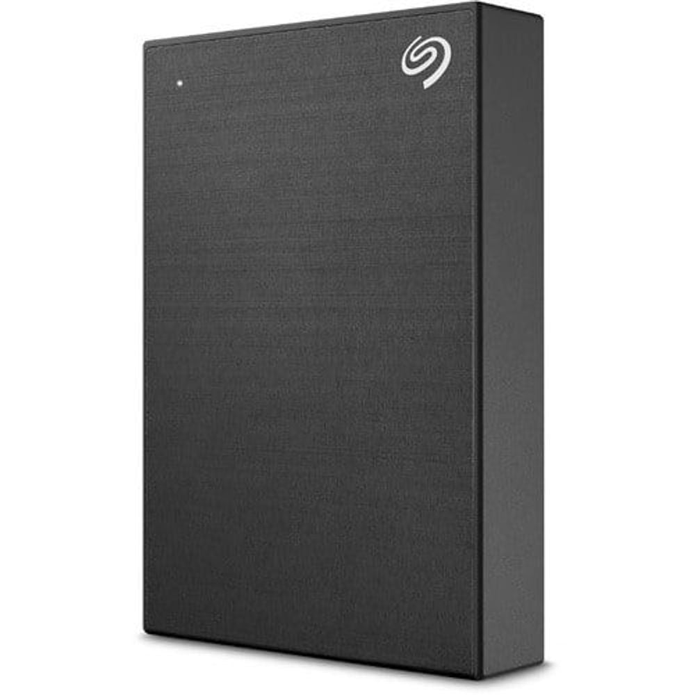 Black Seagate One Touch portable hard drive angled view with logo