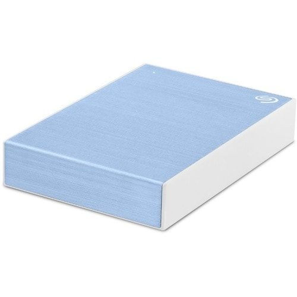 Light blue portable hard drive with white edges, angled view