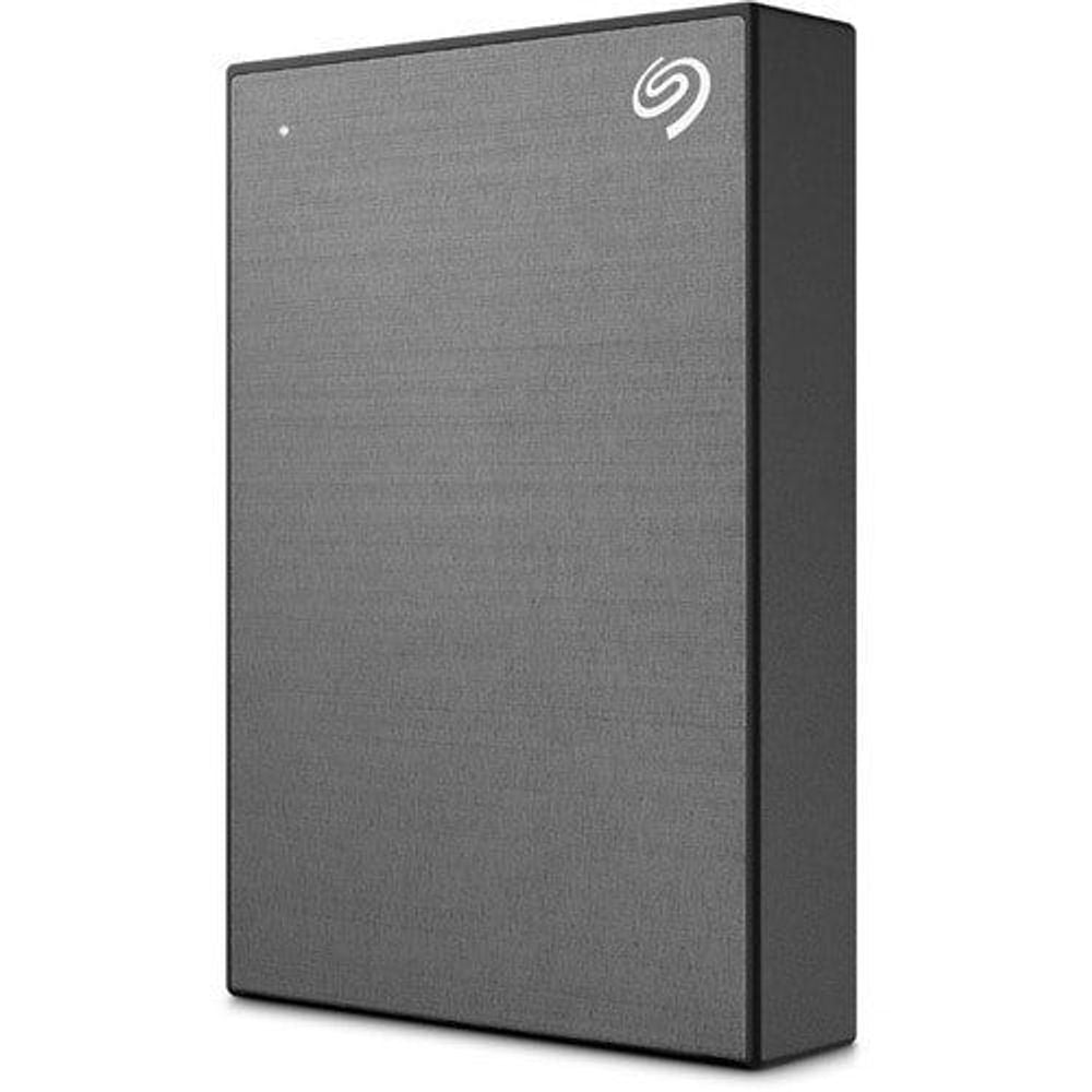 Seagate One Touch portable external hard drive, space gray corner view with logo