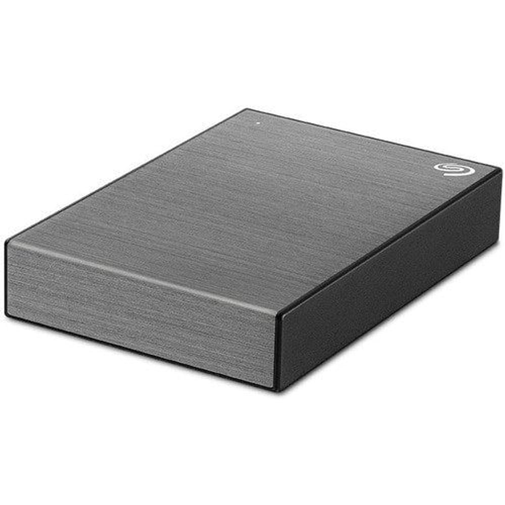 Seagate One Touch portable external hard drive, space gray top view with logo