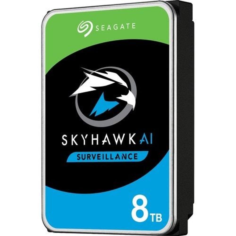 Seagate SkyHawk AI 8TB 3.5" SATA internal hard drive, front with side bracket