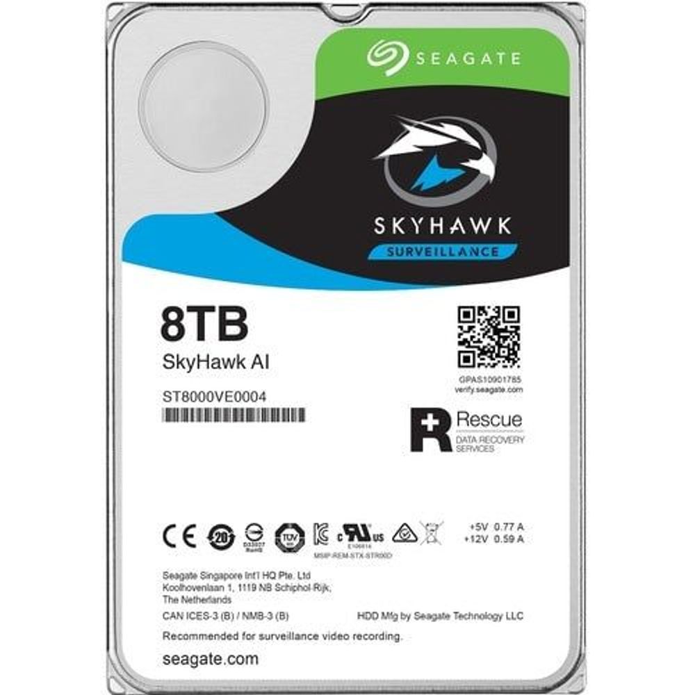 Seagate SkyHawk AI 8TB 3.5" SATA internal hard drive, rear label with specs