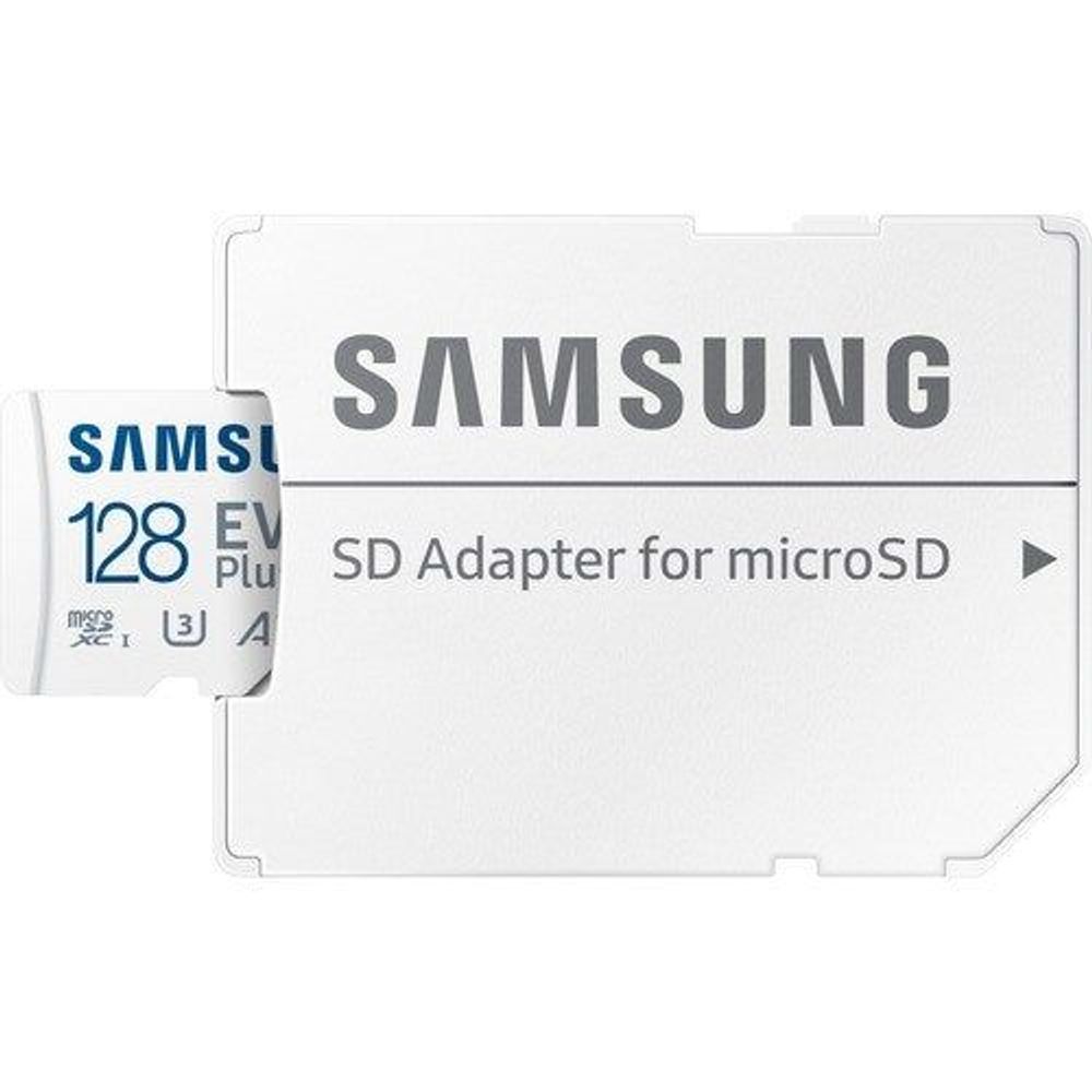White SD adapter for microSD with Samsung logo and EVO Plus 128 branding
