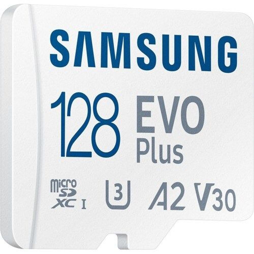 White Samsung EVO Plus 128 microSD card with A2 V30 and speed class 3