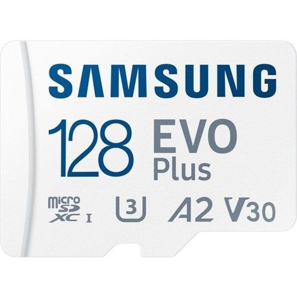 White Samsung EVO Plus 128 microSD card front with A2 V30 speed rating