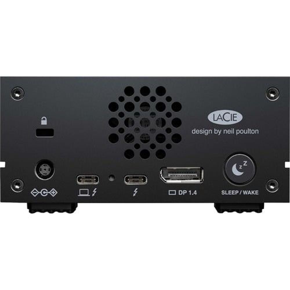 Black external hard drive rear panel with circular vent, ports, and sleep/wake control