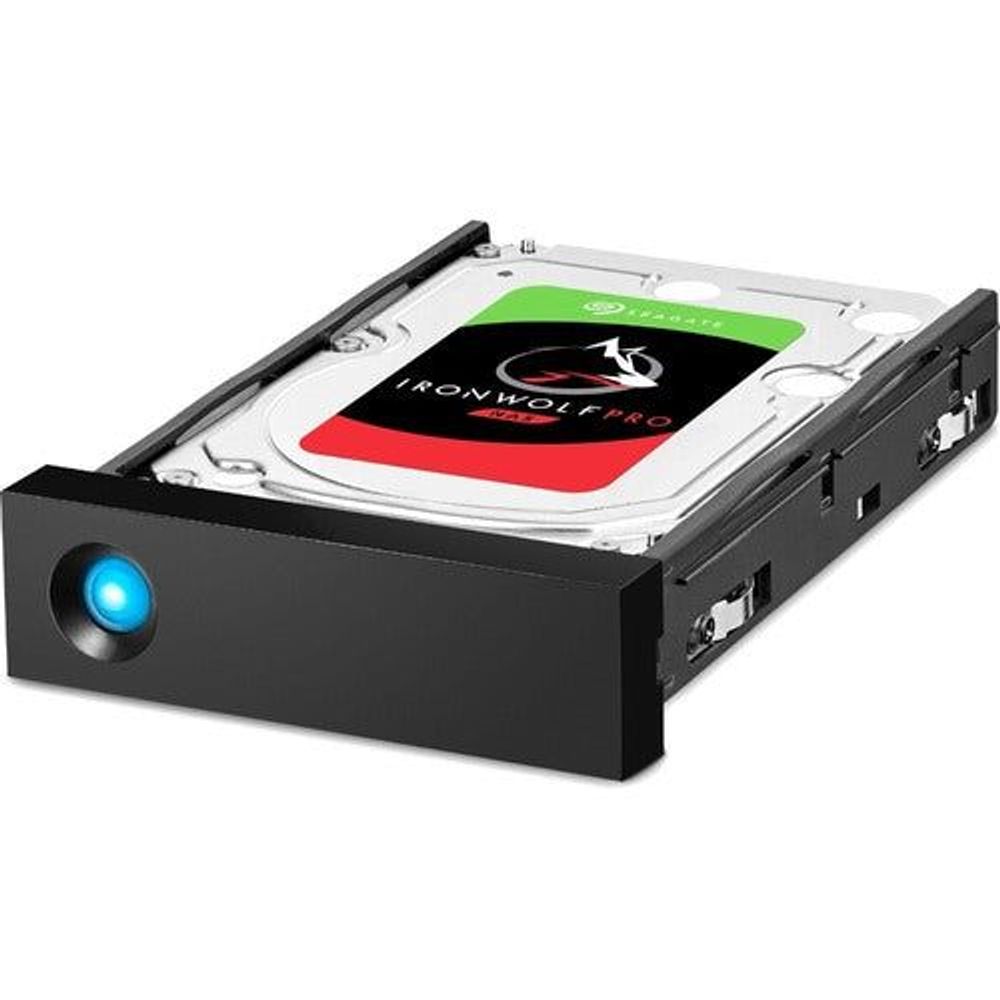 External hard drive enclosure showing installed drive with blue LED front light