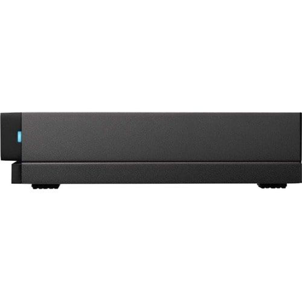 Black external hard drive side profile with blue LED on front corner