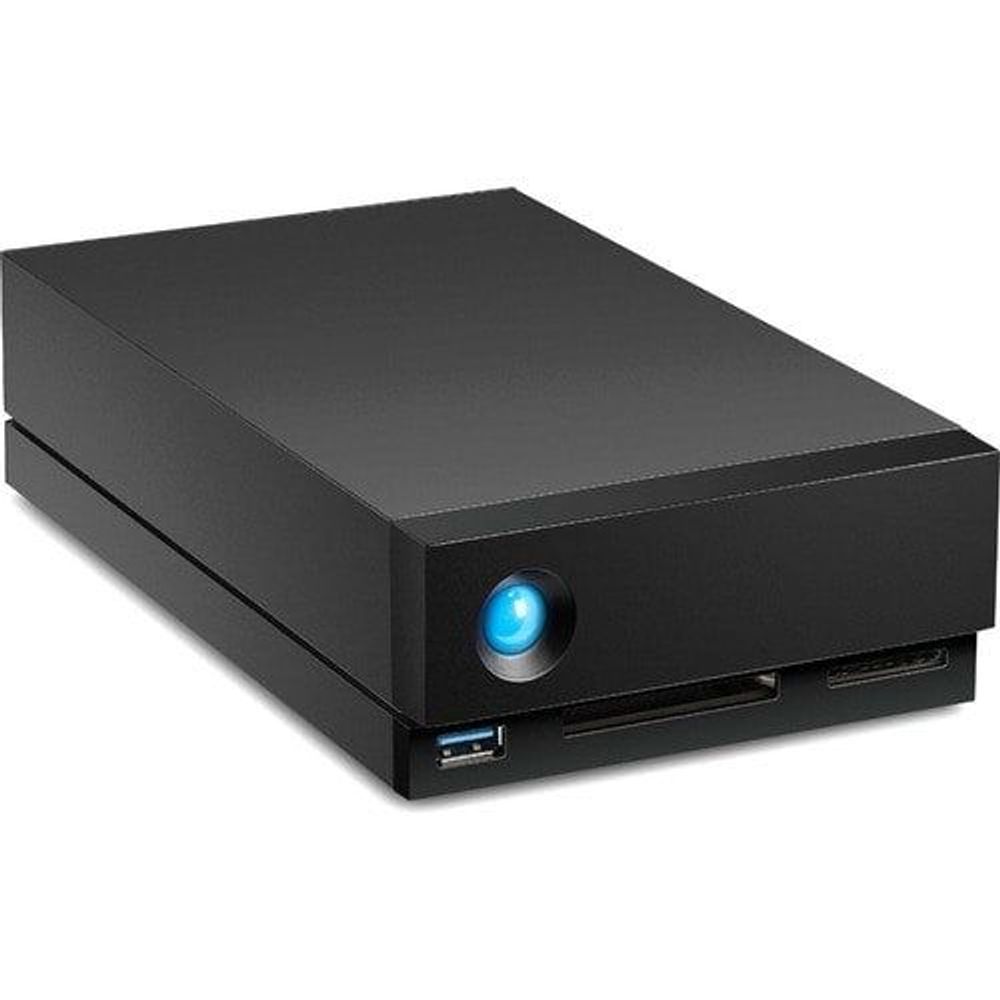 External desktop hard drive, closed black case with blue LED and front USB ports