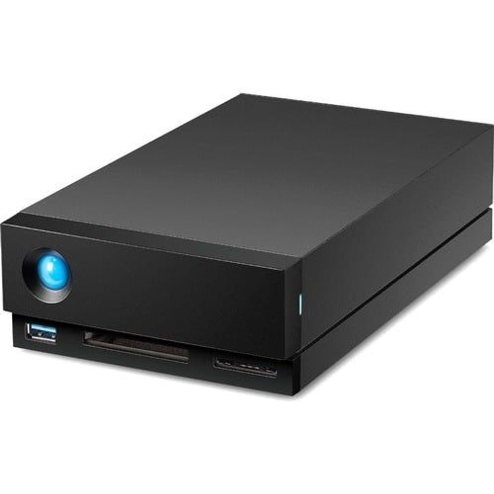 Black desktop external hard drive with blue LED and smooth top surface