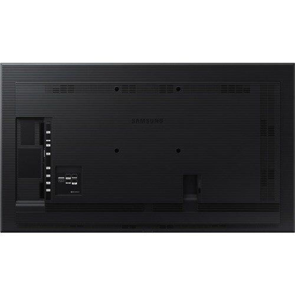 85-inch LCD digital signage display rear view with port panel and ventilation holes