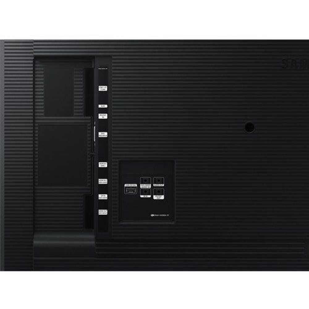 85-inch digital signage display showing rear panel ports and control interface