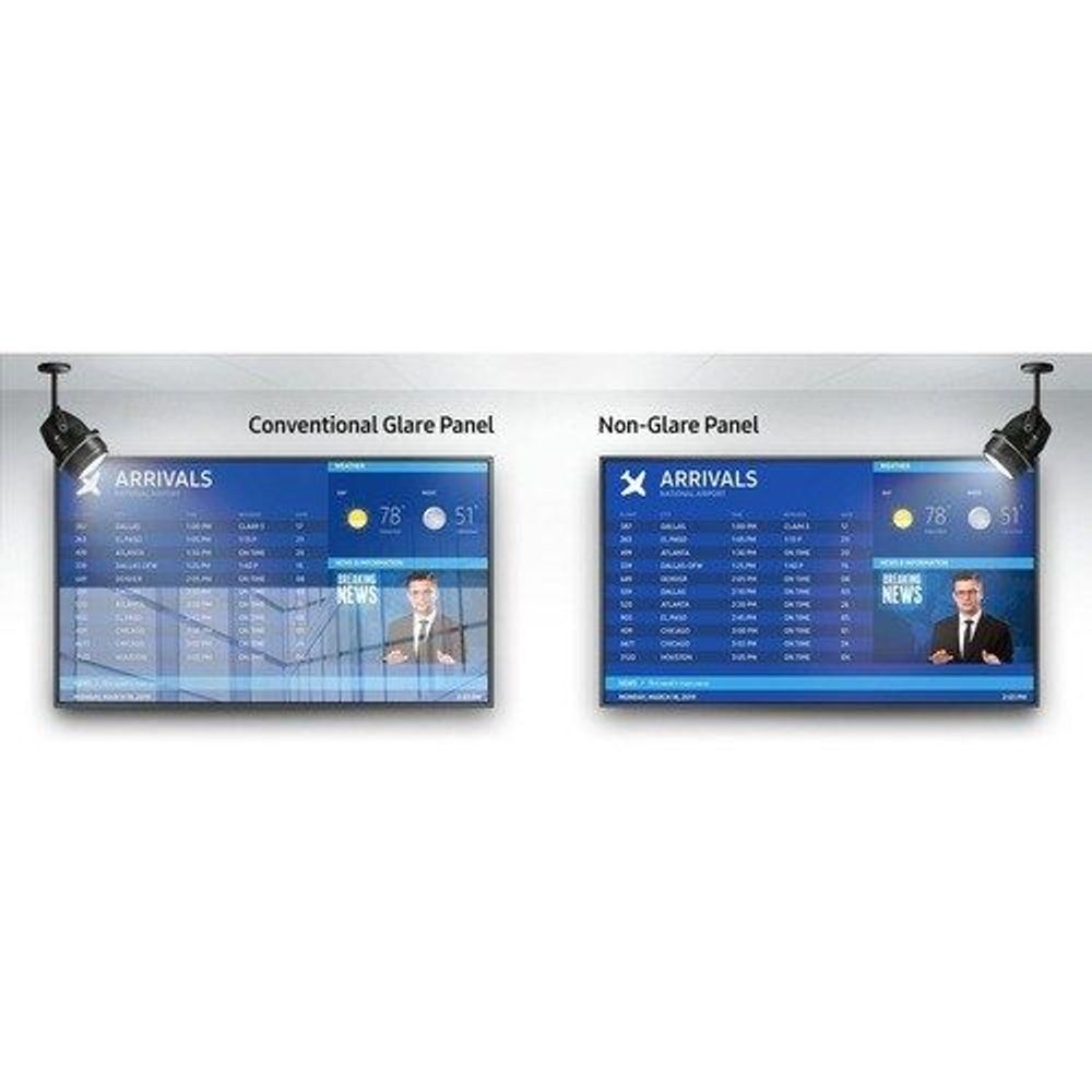 Pair of digital signage displays labeled for glare panel vs non-glare panel