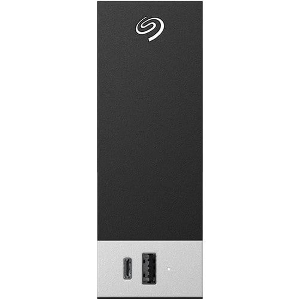 Black Seagate external hard drive with front USB ports and power connection