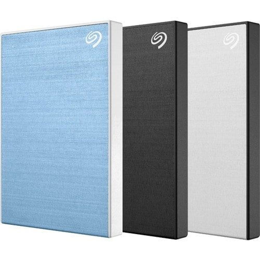 Seagate external hard drives in blue, black, and white panels