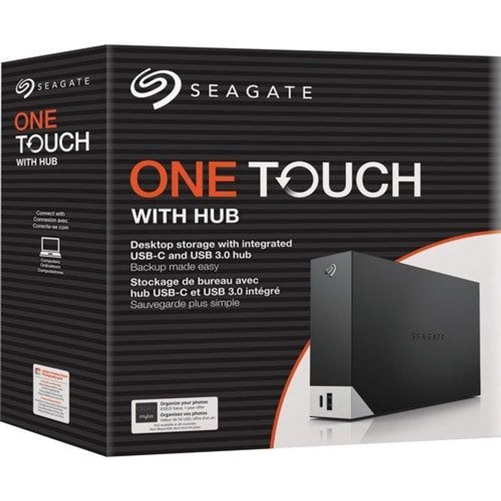 Seagate One Touch hub external hard drive retail box, USB-C and hub info panel