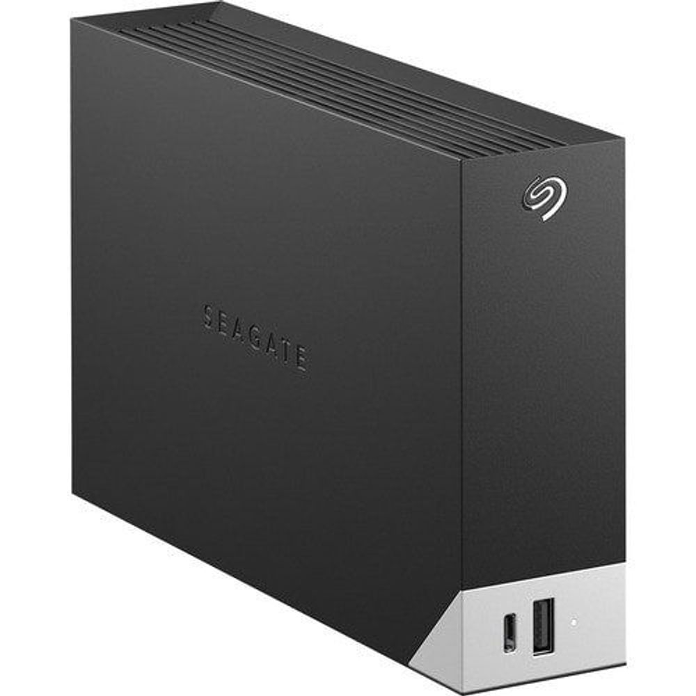 Black external hard drive enclosure with vented top and dual USB ports