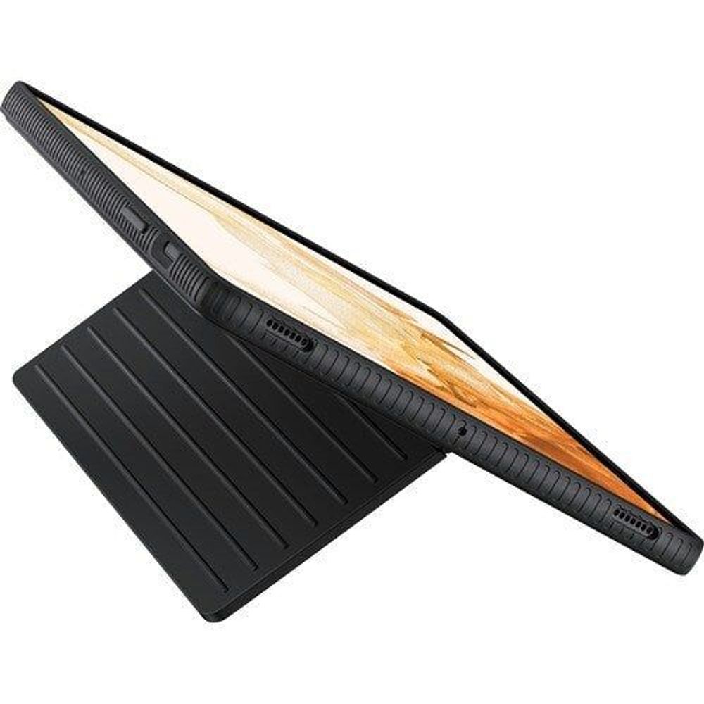 Black tablet case with front cover folded open and textured stand