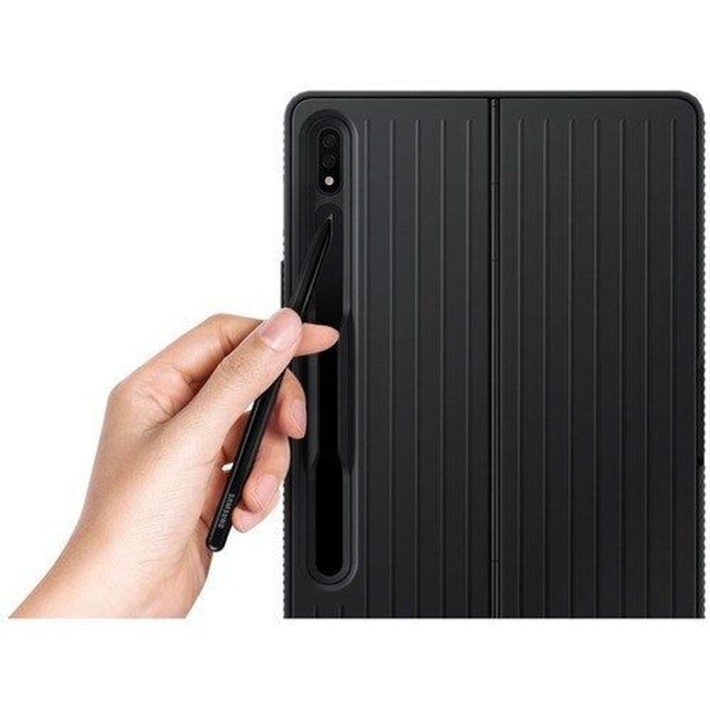 Black Samsung tablet case shown with a hand at the camera/connector area