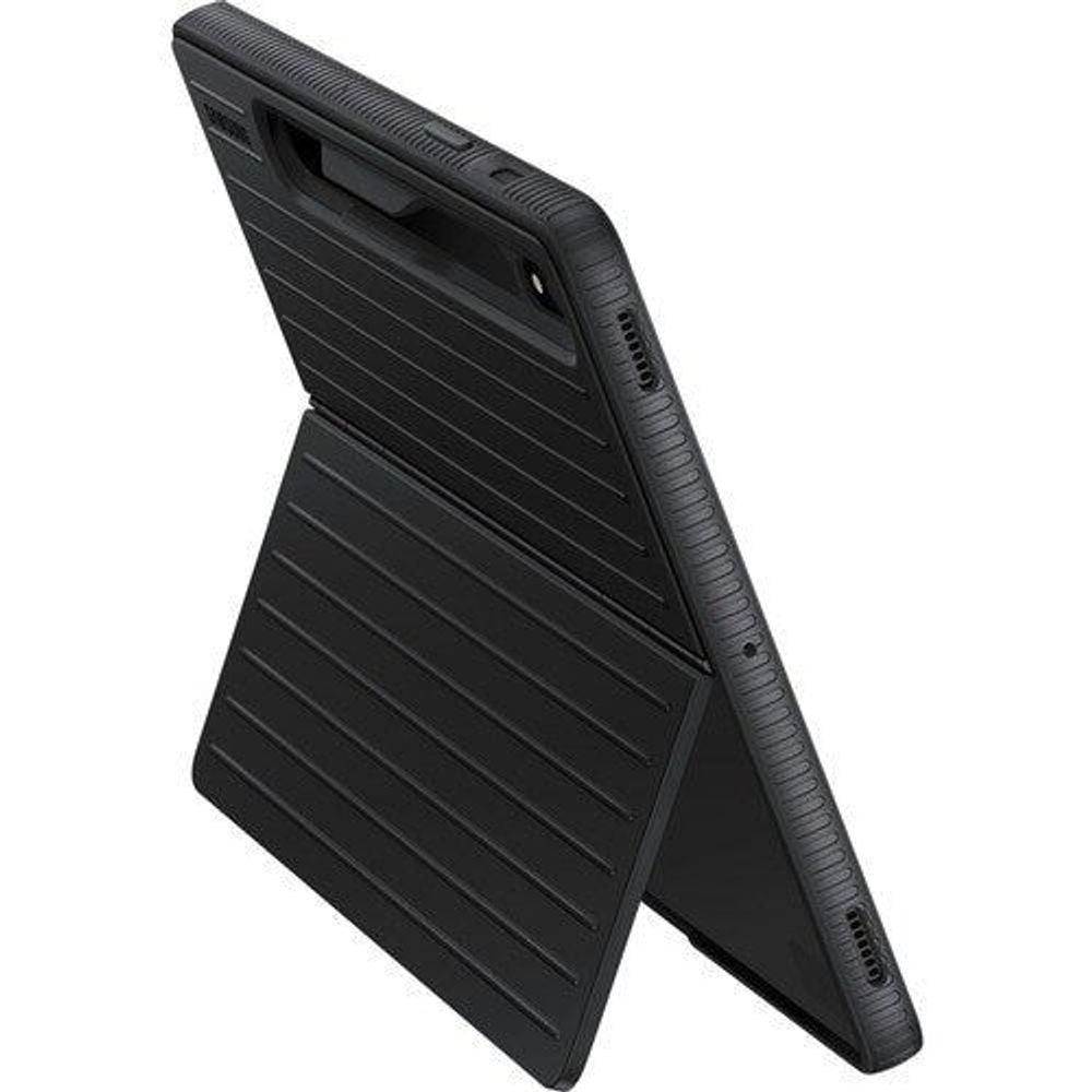 Black protective tablet standing cover with striped back and camera cutout