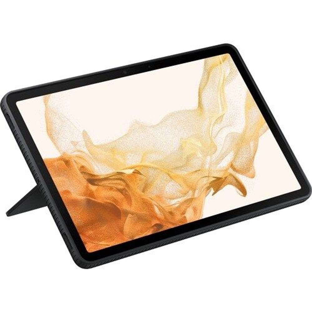 Black tablet case holding a tablet display in landscape with kickstand