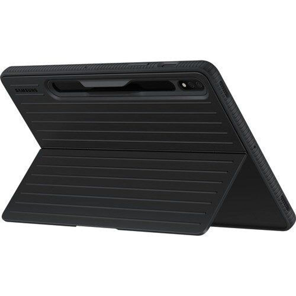 Black folio tablet case open with ridged interior and adjustable stand angle