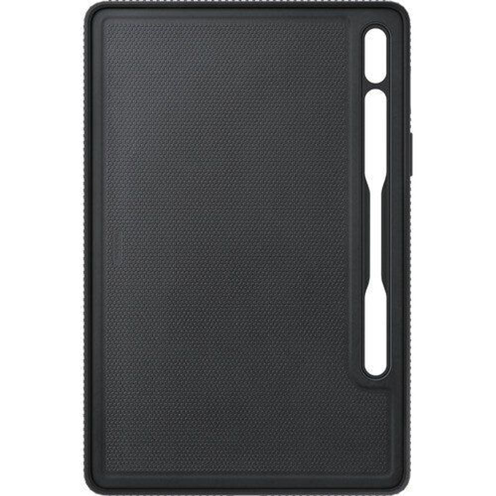 Black textured tablet case back with side button and port openings