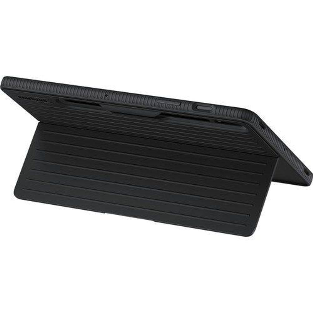 Black standing tablet case with folio base extended for viewing